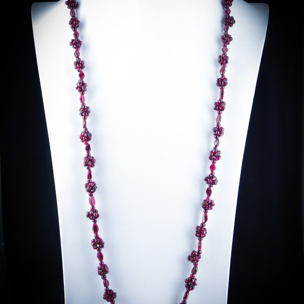 Vintage Garnet Cluster Necklace, Deep Red Nuggets and Diamond Shaped Beads